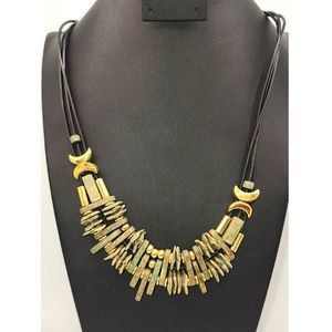 Olive Green Stone Beaded Bib Necklace with Gold Half Moons